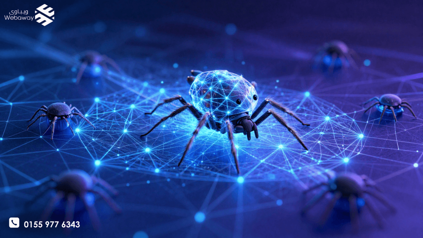 رسم توضيحي مستقبلي يظهر بوتات جوجل (عناكب) تزحف عبر شبكة ضخمة من المواقع المترابطة، مع روابط متوهجة وتدفقات بيانات، تمثل عملية الزحف التي تقوم بها محركات البحث.