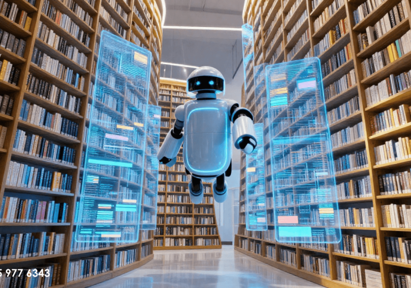 تصور مستقبلي لمكتبة ضخمة تضم مليارات صفحات الويب منظمة في رفوف رقمية، مع بوتات جوجل تضع صفحات جديدة في فئات محددة، تمثل عملية الفهرسة التي تقوم بها محركات البحث.