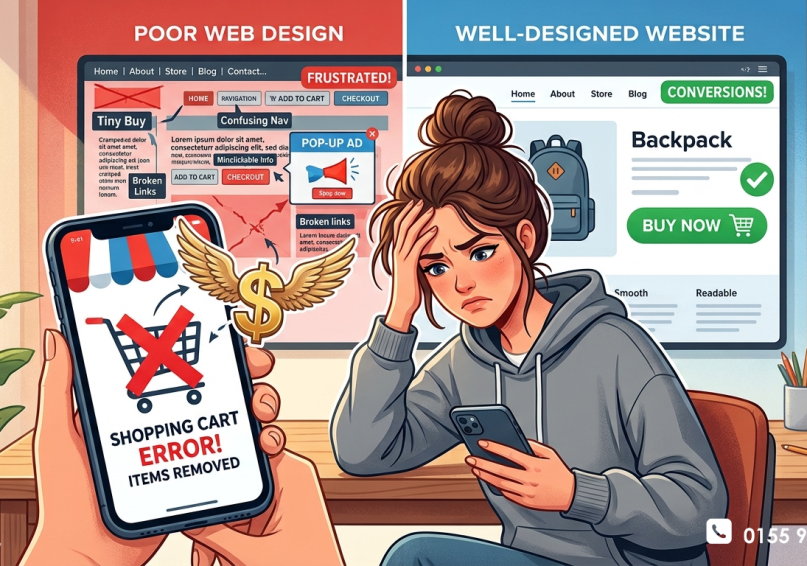 رسم توضيحي يعبر عن خسارة المبيعات بسبب سوء تصميم المواقع، مع زائر محبط وعربة تسوق معطلة ورمز دولار يطير بعيداً.