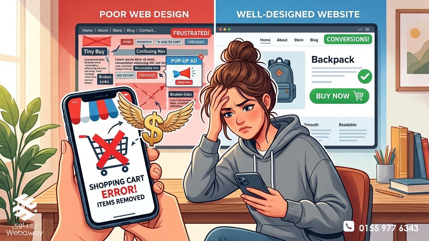 رسم توضيحي يعبر عن خسارة المبيعات بسبب سوء تصميم المواقع، مع زائر محبط وعربة تسوق معطلة ورمز دولار يطير بعيداً.