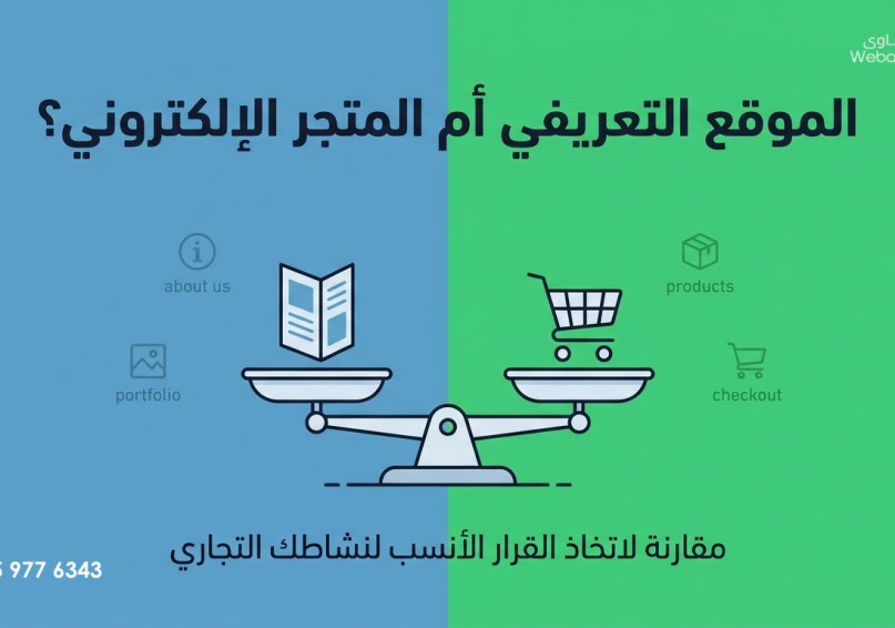 الفرق بين الموقع التعريفي والمتجر الإلكتروني – وأيهما يناسب مشروعك؟ صورة توضيحية تقارن بين الموقع التعريفي (أيقونة مستند) والمتجر الإلكتروني (أيقونة عربة تسوق) على ميزان، مع خلفية مقسمة بين الأزرق والأخضر، وعنوان المقالة "الموقع التعريفي أم المتجر الإلكتروني؟" بخط كبير، تصميم بسيط احترافي يعبر عن اختيار نوع الموقع المناسب للمشاريع.
