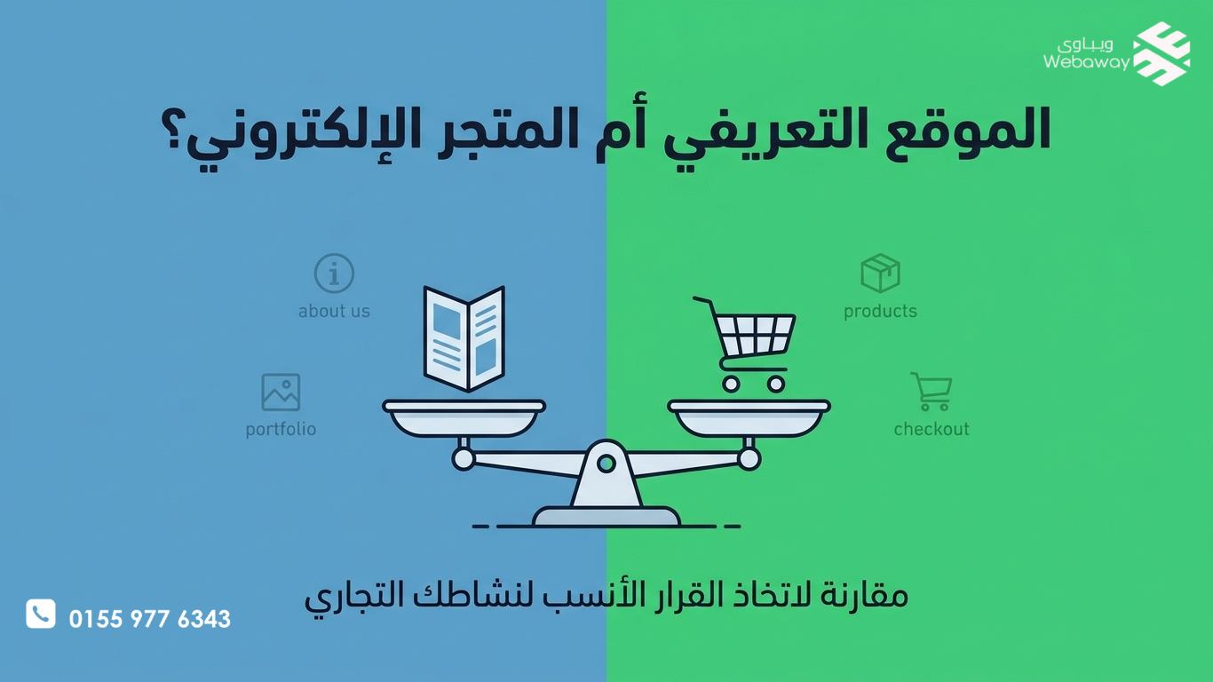 صورة توضيحية تقارن بين الموقع التعريفي (أيقونة مستند) والمتجر الإلكتروني (أيقونة عربة تسوق) على ميزان، مع خلفية مقسمة بين الأزرق والأخضر، وعنوان المقالة "الموقع التعريفي أم المتجر الإلكتروني؟" بخط كبير، تصميم بسيط احترافي يعبر عن اختيار نوع الموقع المناسب للمشاريع.