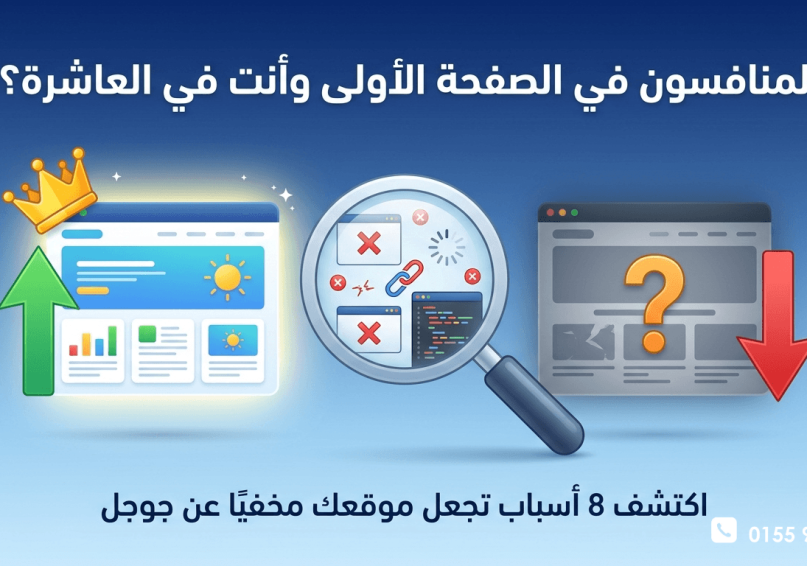 المنافسون في الصفحة الأولى وأنت في الصفحة العاشرة؟! اكتشف 8 أسباب تخفي موقعك عن جوجل! دراسة حالة تحليلية لأسباب عدم ظهور موقعك في جوجل: كيف يتفوق المنافسون في نتائج البحث؟ تعرف على 8 أسباب تقنية ومحتوى تمنع ظهورك، وكيف يمكنك تطبيق الحلول لتصدر نتائج البحث.