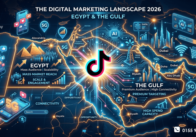 مستقبل التسويق الرقمي في مصر والخليج خلال 2026 رسم توضيحي لخريطة الشرق الأوسط متصلة بشبكات ذكاء اصطناعي وأيقونات تيك توك، تعبر عن مستقبل التسويق الرقمي في مصر والخليج لعام 2026، بألوان زرقاء وبرتقالية وذهبية.