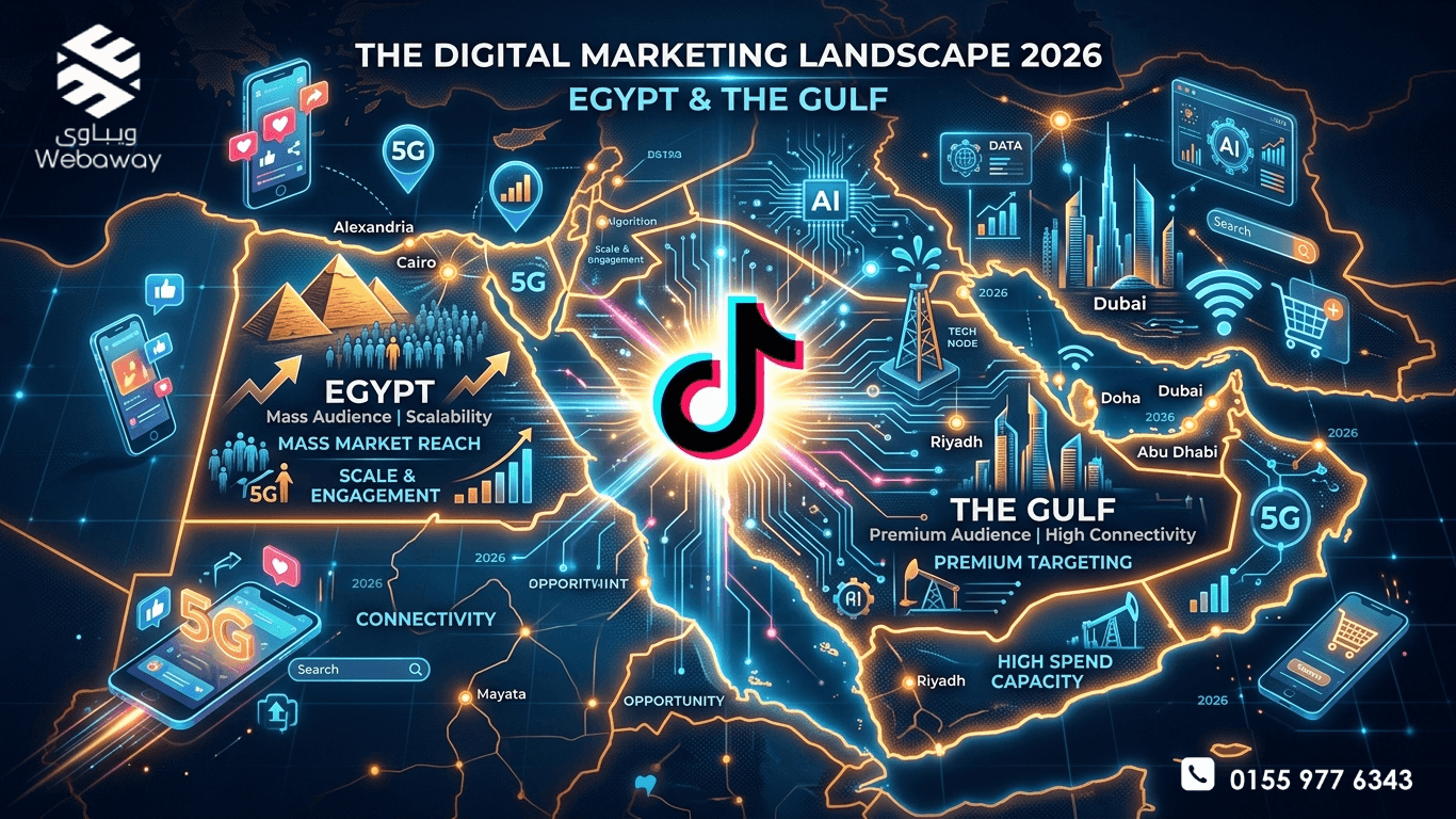 رسم توضيحي لخريطة الشرق الأوسط متصلة بشبكات ذكاء اصطناعي وأيقونات تيك توك، تعبر عن مستقبل التسويق الرقمي في مصر والخليج لعام 2026، بألوان زرقاء وبرتقالية وذهبية.