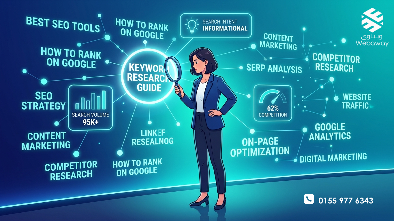 رسم توضيحي لشخص يفحص كلمات مفتاحية على حائط رقمي باستخدام عدسة مكبرة، مع أيقونات تمثل حجم البحث والمنافسة ونية المستخدم، بألوان زرقاء وتركوازية.
