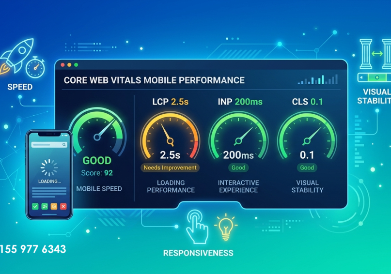 Core Web Vitals في 2026 – دليل شامل لتحسين تجربة المستخدم رسم توضيحي لمقاييس Core Web Vitals الثلاثة مع أيقونات السرعة والاستجابة والاستقرار البصري، بألوان زرقاء وتركوازية.