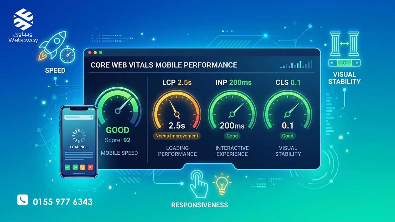 رسم توضيحي لمقاييس Core Web Vitals الثلاثة مع أيقونات السرعة والاستجابة والاستقرار البصري، بألوان زرقاء وتركوازية.