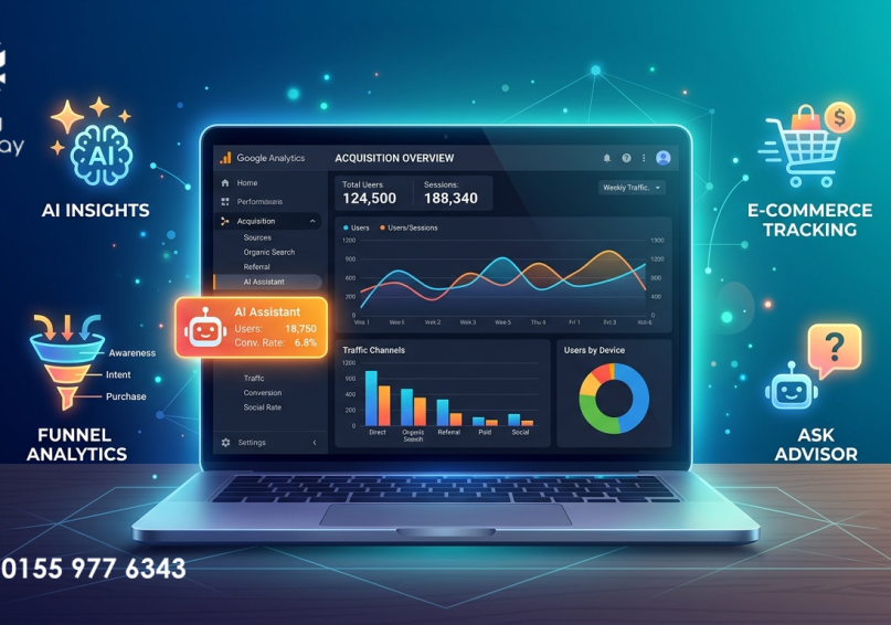 رسم توضيحي للوحة تحكم Google Analytics مع أيقونات تمثل ميزات 2026، بألوان زرقاء وتركوازية.