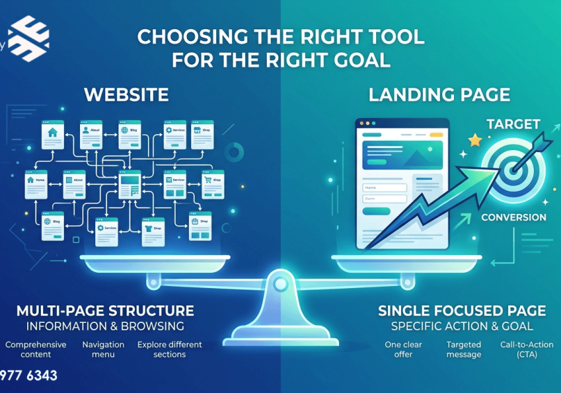 Landing Page أم Website؟ أيهما تحتاج لمشروعك؟ رسم توضيحي يقارن بين الموقع الإلكتروني المتعدد الصفحات وصفحة الهبوط المركزة، مع ميزان متوازن، بألوان زرقاء وتركوازية.