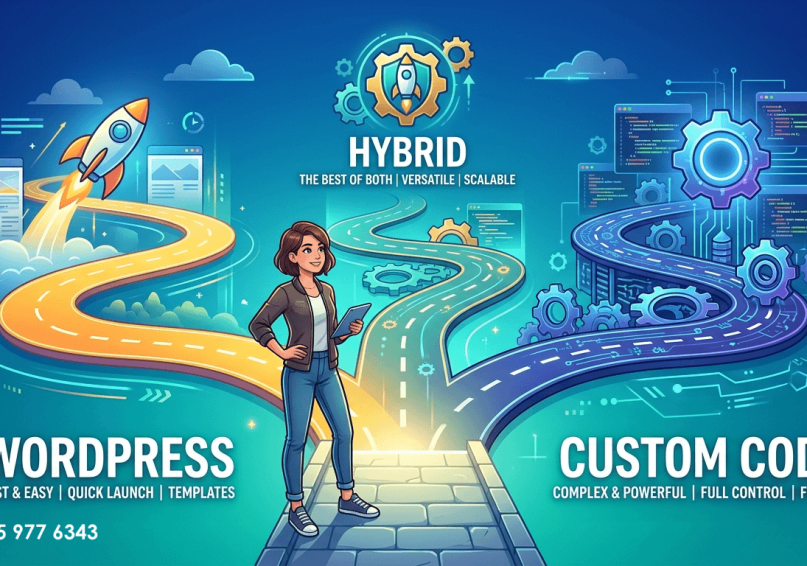 WordPress أم البرمجة الخاصة؟ – دليل اختيار الأساس التقني لمشروعك 2026 رسم توضيحي للمقارنة بين WordPress والبرمجة الخاصة والنهج الهجين، مع شخص يقف عند مفترق طرق، بألوان زرقاء وتركوازية.