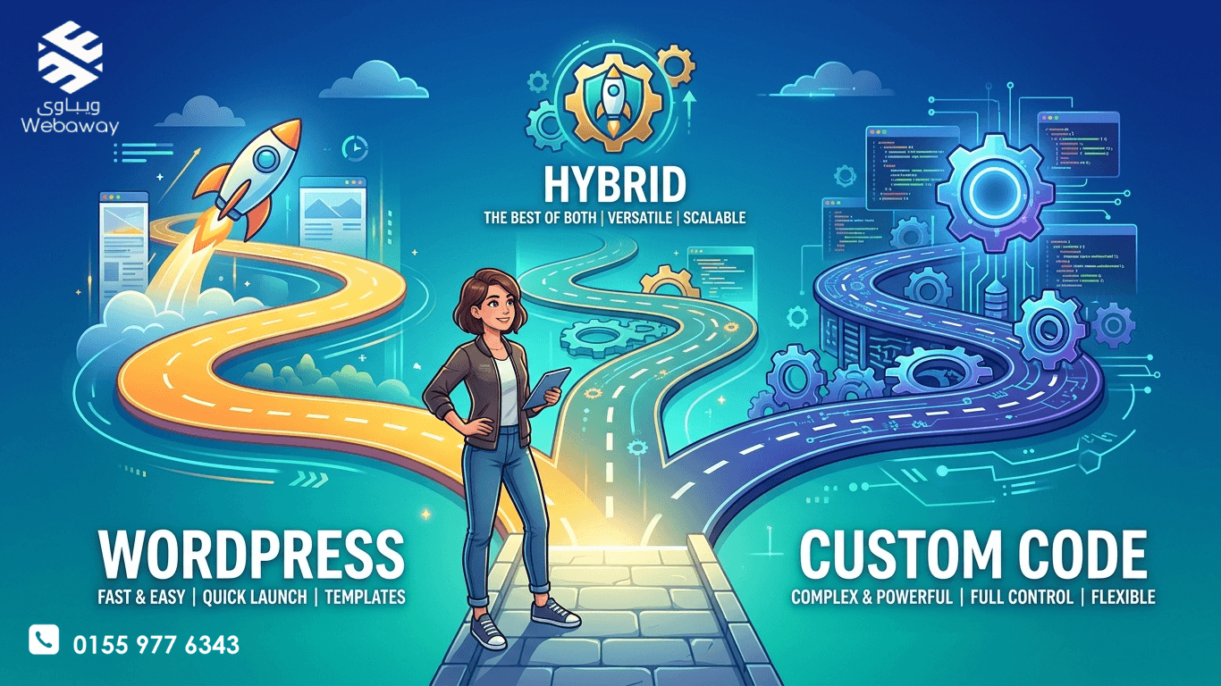 رسم توضيحي للمقارنة بين WordPress والبرمجة الخاصة والنهج الهجين، مع شخص يقف عند مفترق طرق، بألوان زرقاء وتركوازية.