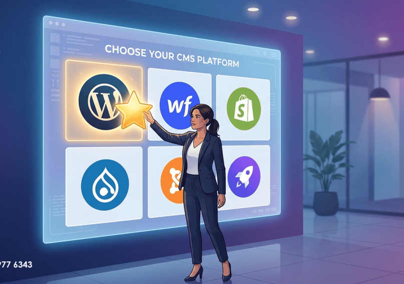 أفضل نظام إدارة محتوى (CMS) في 2026 – دليل شامل لاختيار المنصة المناسبة رسم توضيحي لأنظمة إدارة المحتوى المختلفة في 2026، مع مقارنة بين WordPress و Webflow و Shopify و Drupal و Joomla و Strapi، بتصميم عصري بألوان زرقاء وأرجوانية.
