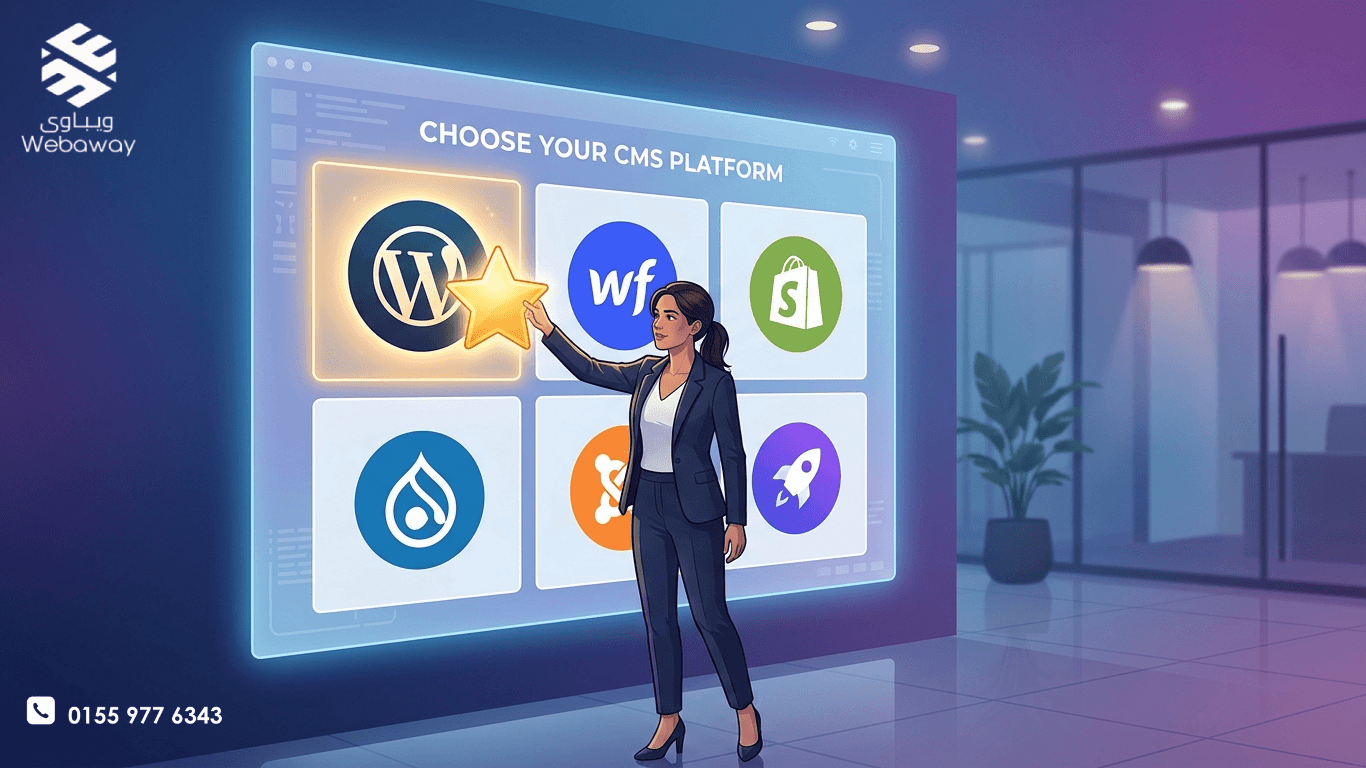 رسم توضيحي لأنظمة إدارة المحتوى المختلفة في 2026، مع مقارنة بين WordPress و Webflow و Shopify و Drupal و Joomla و Strapi، بتصميم عصري بألوان زرقاء وأرجوانية.