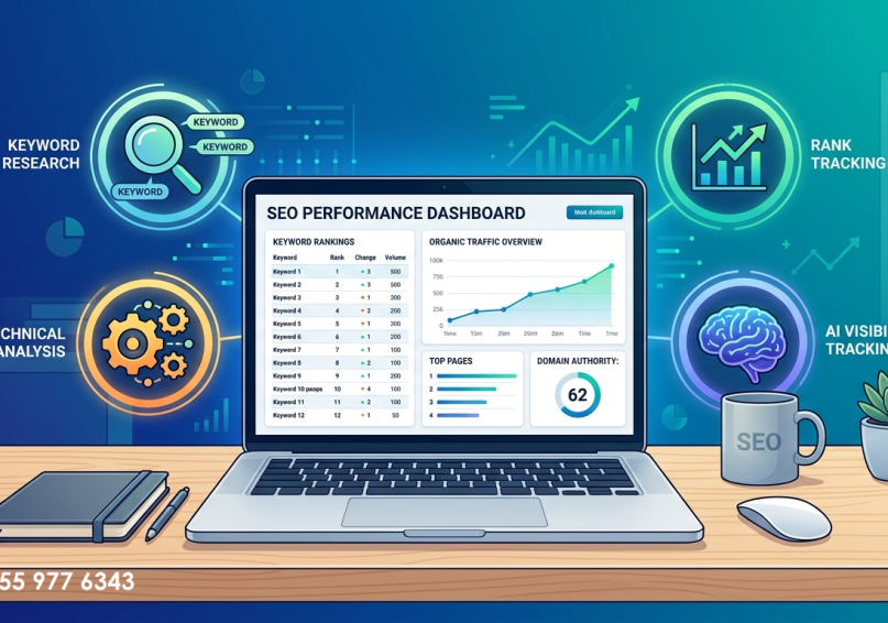 رسم توضيحي لأدوات SEO مع أيقونات تمثل البحث عن الكلمات المفتاحية والتحليل التقني وتتبع الذكاء الاصطناعي، بألوان زرقاء وتركوازية.