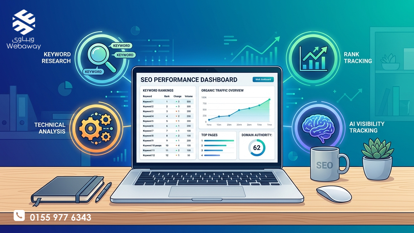 رسم توضيحي لأدوات SEO مع أيقونات تمثل البحث عن الكلمات المفتاحية والتحليل التقني وتتبع الذكاء الاصطناعي، بألوان زرقاء وتركوازية.