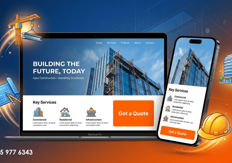 تصميم موقع لشركة مقاولات – دليلك الشامل 2026 رسم توضيحي لموقع شركة مقاولات احترافي معروض على الأجهزة، مع أيقونات خدمات البناء والمقاولات، بألوان برتقالية وزرقاء.