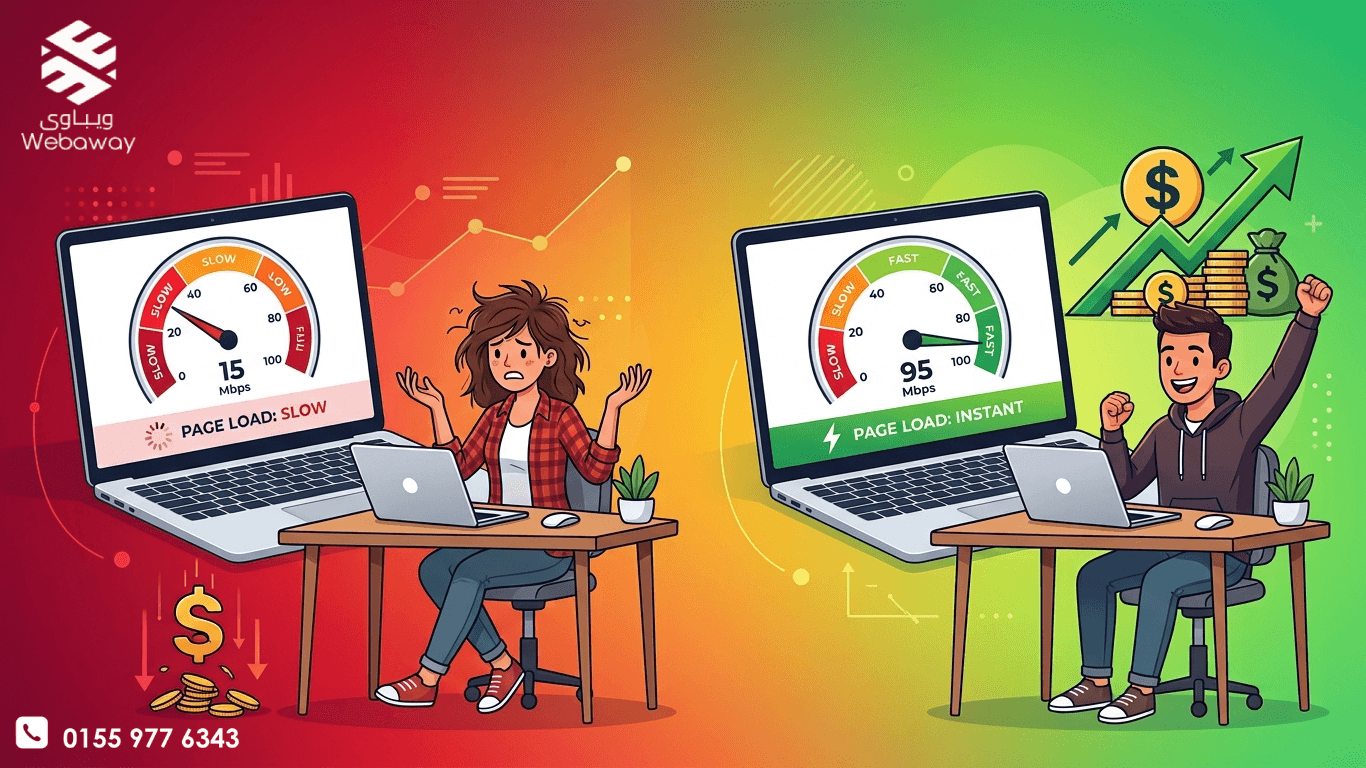 رسم توضيحي يوضح تأثير سرعة الموقع على المبيعات، مع مقارنة بين موقع بطيء وآخر سريع وتأثيرهما على أرباح العملاء.
