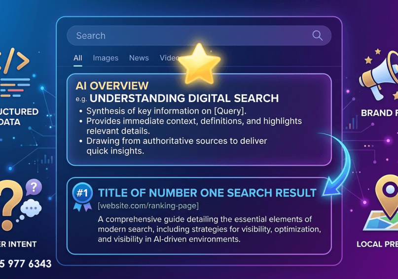 كيف تتصدر نتائج جوجل في 2026؟ – الدليل الشامل للظهور في عصر الذكاء الاصطناعي رسم توضيحي لصفحة بحث جوجل مع ملخص الذكاء الاصطناعي والمركز الأول، مع أيقونات تمثل عناصر التصدر في 2026، بألوان زرقاء وأرجوانية.