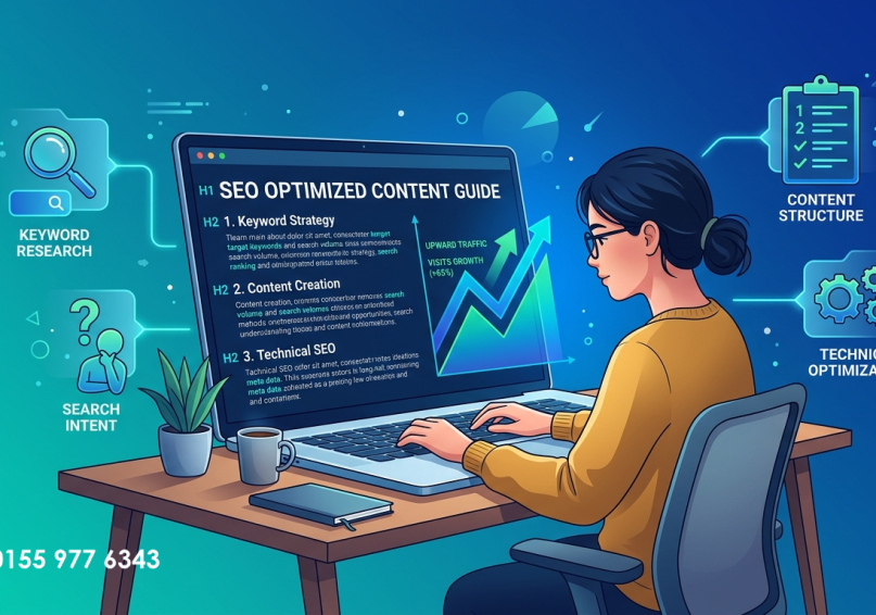 كيفية كتابة مقال متوافق مع SEO – دليلك الشامل 2026 رسم توضيحي لكتابة مقال متوافق مع SEO، مع أيقونات تمثل البحث عن الكلمات المفتاحية، نية المستخدم، الهيكل، والتحسين التقني، بألوان زرقاء وتركوازية.