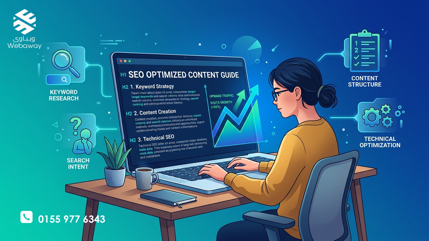 رسم توضيحي لكتابة مقال متوافق مع SEO، مع أيقونات تمثل البحث عن الكلمات المفتاحية، نية المستخدم، الهيكل، والتحسين التقني، بألوان زرقاء وتركوازية.