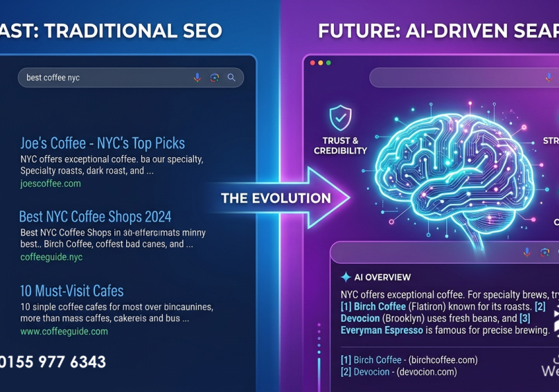 مستقبل SEO في 2026 .. كيف يعيد الذكاء الاصطناعي تعريف الظهور الرقمي رسم توضيحي يوضح تطور SEO من الروابط الزرقاء التقليدية إلى عصر الاستشهاد بالذكاء الاصطناعي، بألوان زرقاء وأرجوانية.