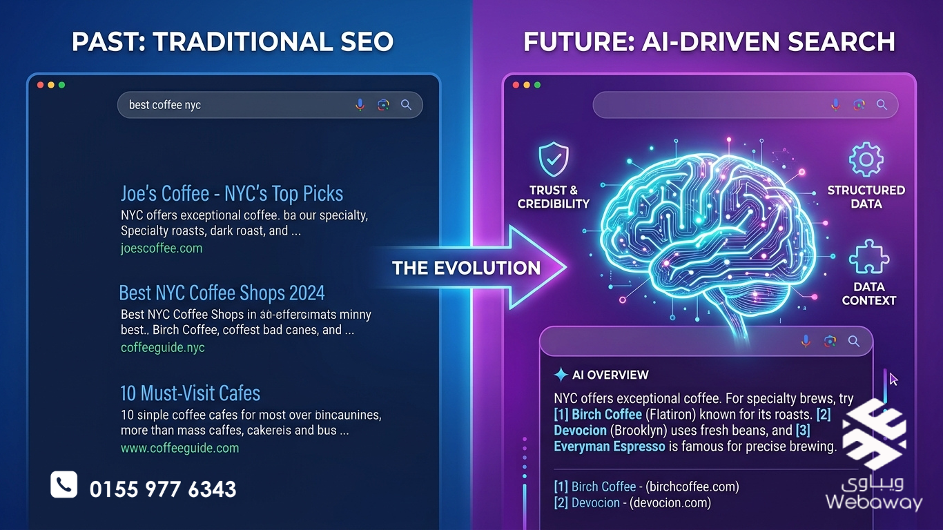 رسم توضيحي يوضح تطور SEO من الروابط الزرقاء التقليدية إلى عصر الاستشهاد بالذكاء الاصطناعي، بألوان زرقاء وأرجوانية.