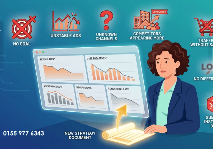 7 علامات تقول إن مشروعك يحتاج استراتيجية تسويق جديدة رسم توضيحي للعلامات السبع التي تشير إلى حاجة المشروع لاستراتيجية تسويق جديدة، بألوان زرقاء وتركوازية.