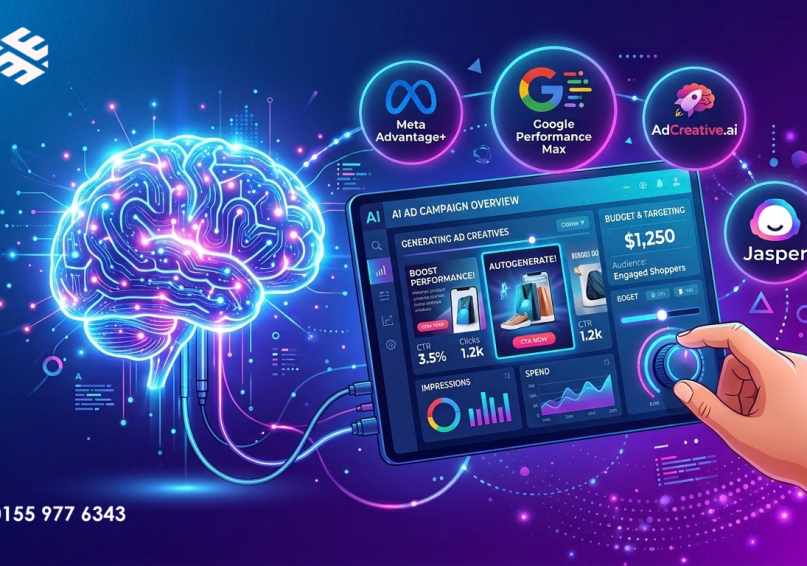 AI في الإعلانات 2026 – الدليل الشامل لاستخدام الذكاء الاصطناعي في تحسين حملاتك الإعلانية رسم توضيحي لاستخدام الذكاء الاصطناعي في الإعلانات مع أيقونات الأدوات واللمسة البشرية، بألوان زرقاء وأرجوانية.