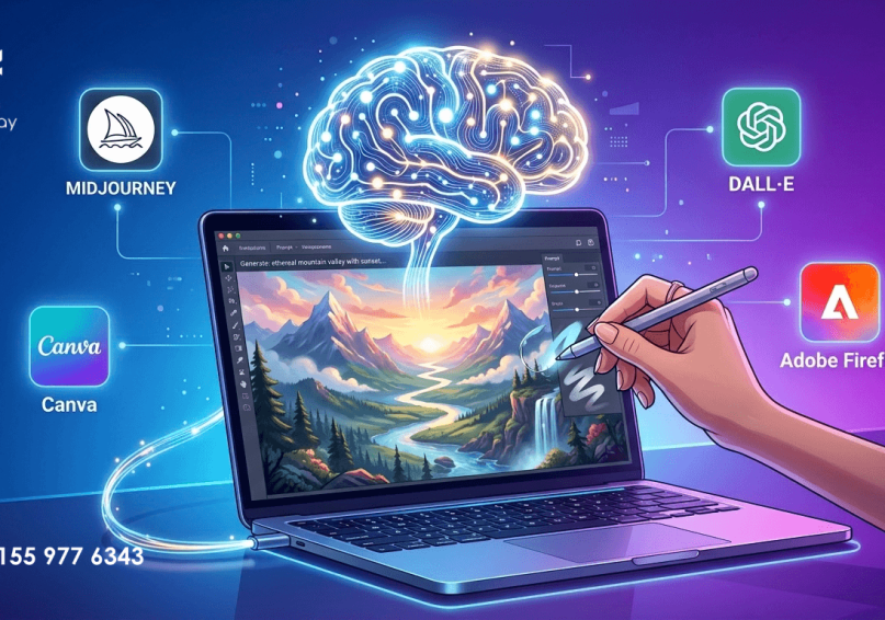 AI في تصميم الصور 2026 – الدليل الشامل لاستخدام الذكاء الاصطناعي في إنشاء صور احترافية رسم توضيحي لاستخدام الذكاء الاصطناعي في تصميم الصور مع أيقونات الأدوات واللمسة البشرية، بألوان زرقاء وأرجوانية.