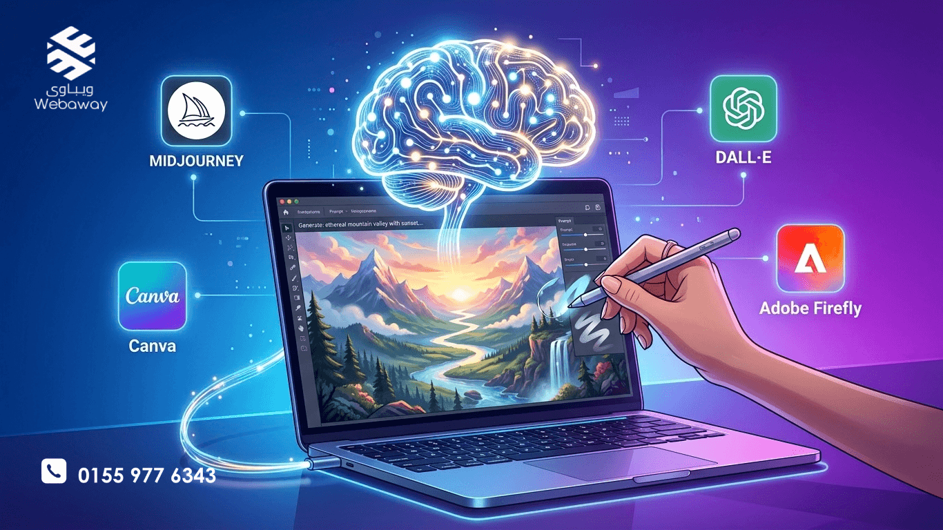 رسم توضيحي لاستخدام الذكاء الاصطناعي في تصميم الصور مع أيقونات الأدوات واللمسة البشرية، بألوان زرقاء وأرجوانية.
