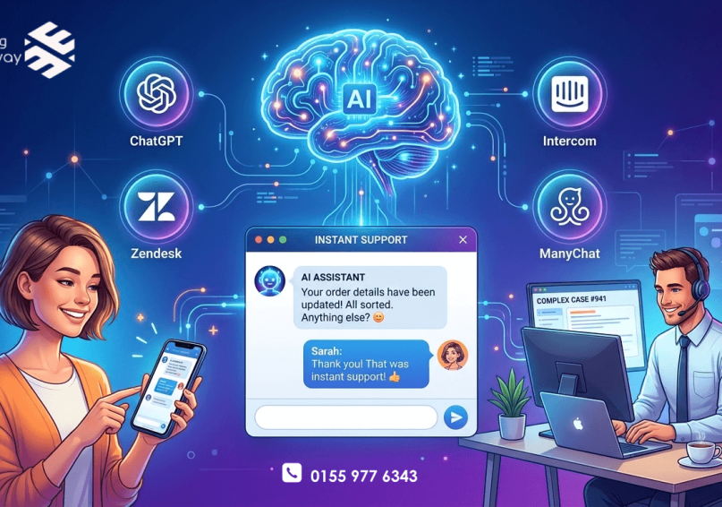 AI في خدمة العملاء 2026 – الدليل الشامل لاستخدام الذكاء الاصطناعي في تحسين تجربة العملاء رسم توضيحي لاستخدام الذكاء الاصطناعي في خدمة العملاء مع أيقونات الأدوات واللمسة البشرية، بألوان زرقاء وأرجوانية.