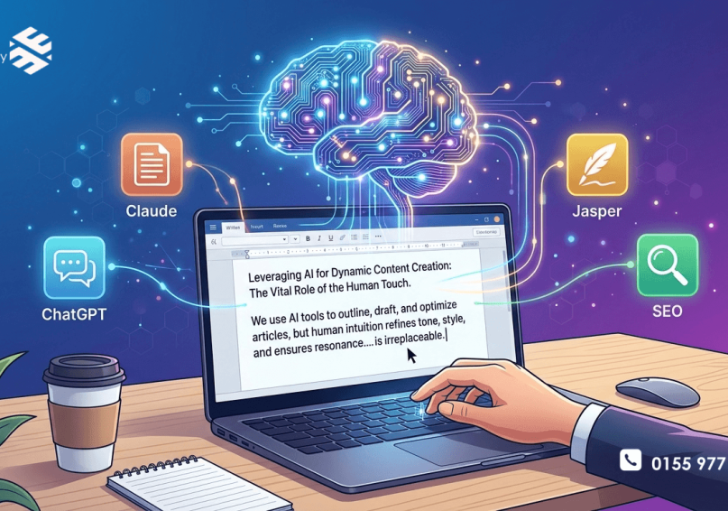 AI في كتابة المحتوى 2026 – الدليل الشامل لاستخدام الذكاء الاصطناعي في إنتاج محتوى احترافي رسم توضيحي لاستخدام الذكاء الاصطناعي في كتابة المحتوى مع أيقونات الأدوات واللمسة البشرية، بألوان زرقاء وأرجوانية.