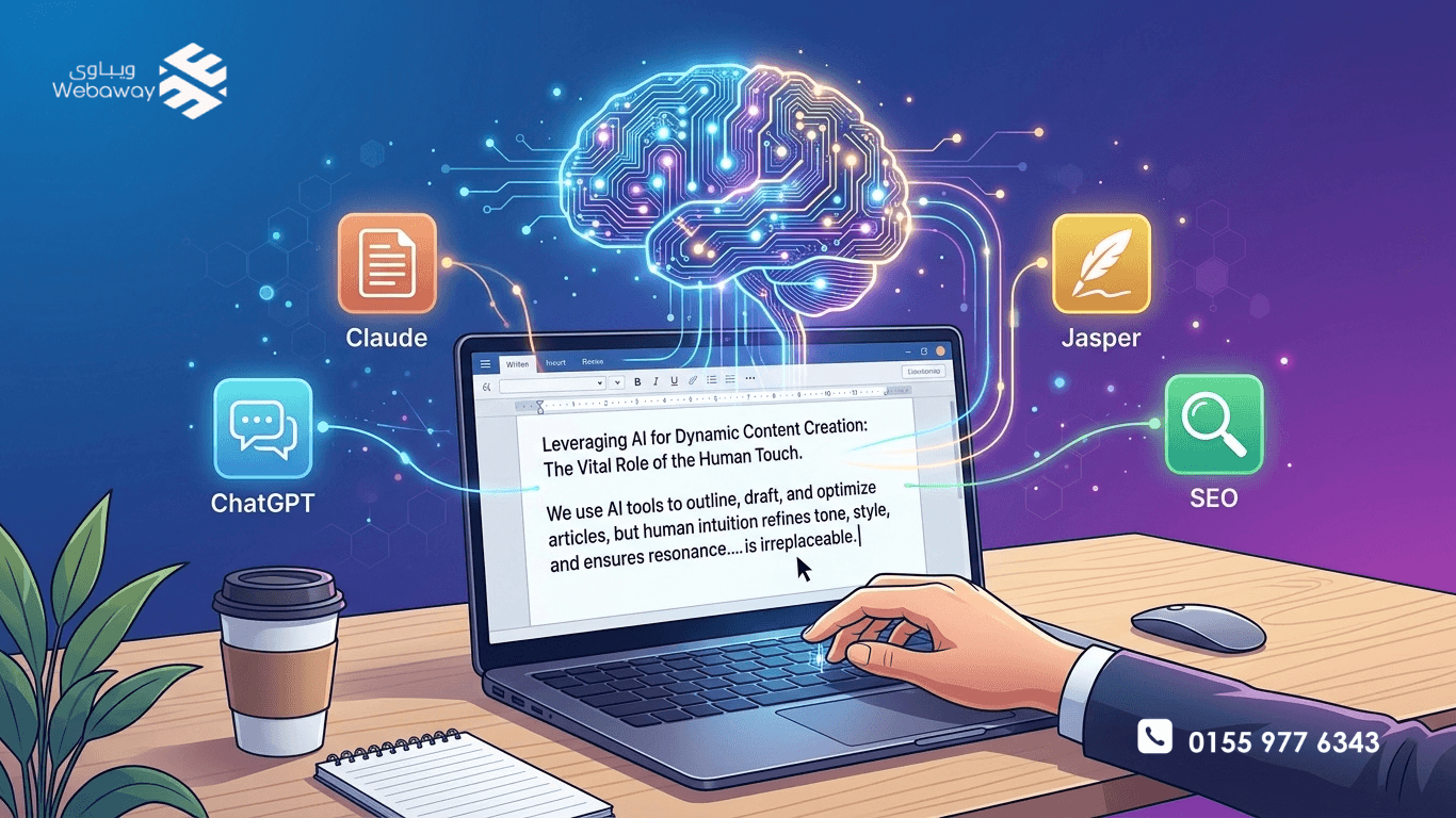 رسم توضيحي لاستخدام الذكاء الاصطناعي في كتابة المحتوى مع أيقونات الأدوات واللمسة البشرية، بألوان زرقاء وأرجوانية.