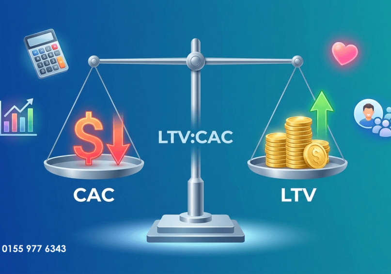 CAC وLTV في 2026 – الدليل الشامل لفهم تكلفة اكتساب العميل وقيمته الدائمة رسم توضيحي لميزان يوازن بين تكلفة اكتساب العميل وقيمته الدائمة، بألوان زرقاء وتركوازية.