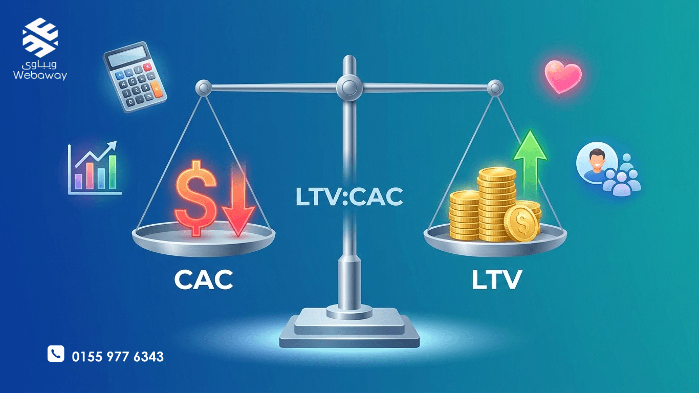 رسم توضيحي لميزان يوازن بين تكلفة اكتساب العميل وقيمته الدائمة، بألوان زرقاء وتركوازية.