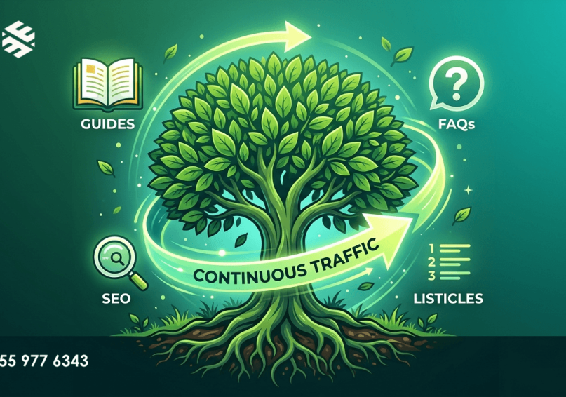 Evergreen Content في 2026 – الدليل الشامل لبناء محتوى دائم يجلب الزوار لسنوات رسم توضيحي لشجرة المحتوى الدائم مع أيقونات أنواع المحتوى والزيارات المستمرة، بألوان خضراء وتركوازية.