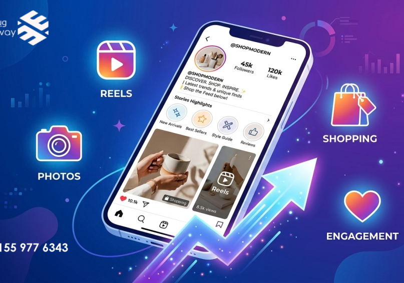 Instagram Marketing في 2026 – الدليل الشامل لبناء علامة تجارية تجذب العملاء رسم توضيحي لعناصر التسويق عبر إنستغرام مع أيقونات الريلز والتسوق والتفاعل، بألوان زرقاء وأرجوانية.