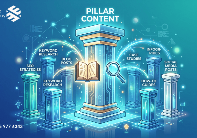 Pillar Content في 2026 – الدليل الشامل لبناء محتوى دعامي يجذب الزوار ويبني السلطة رسم توضيحي لاستراتيجية Pillar Content مع دعامة مركزية ومقالات فرعية، بألوان زرقاء وتركوازية.