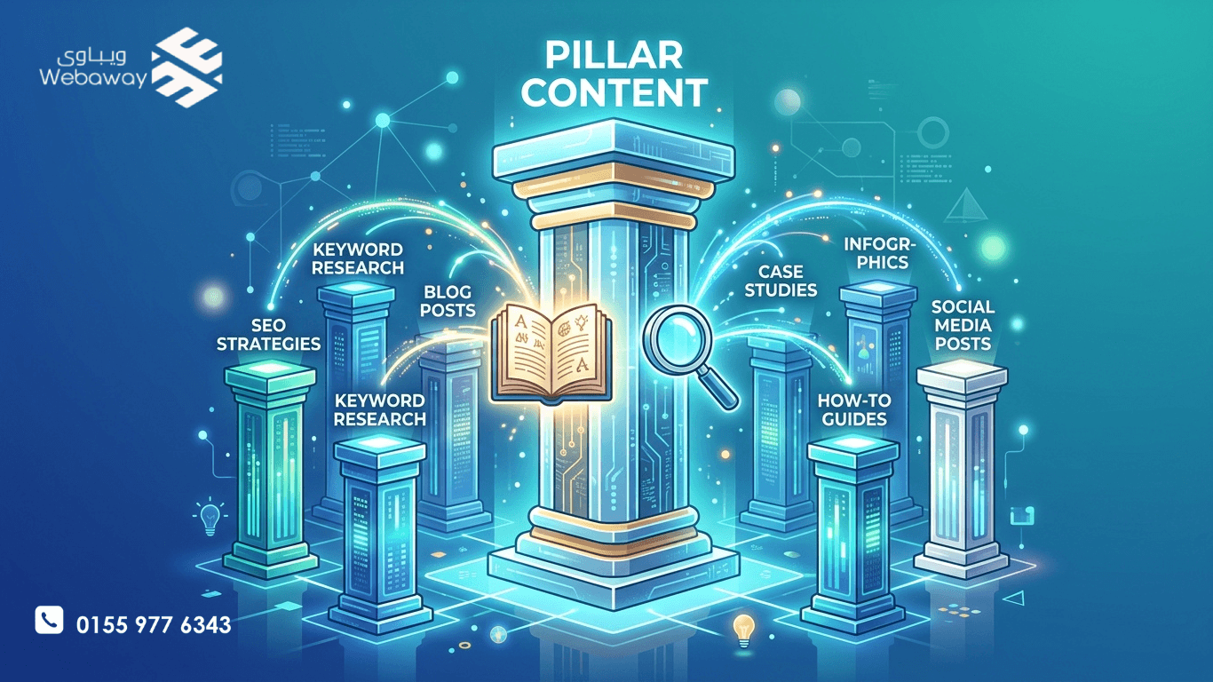 رسم توضيحي لاستراتيجية Pillar Content مع دعامة مركزية ومقالات فرعية، بألوان زرقاء وتركوازية.