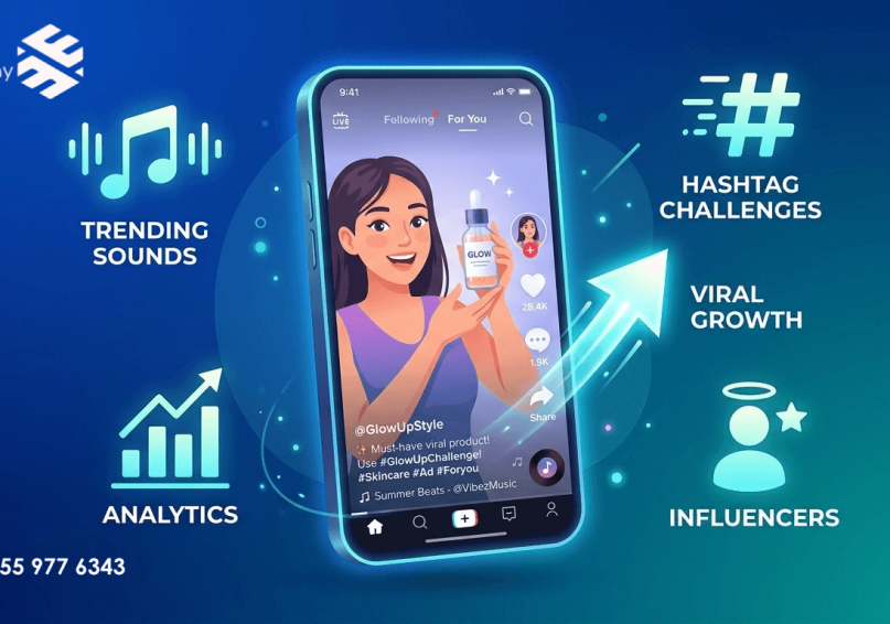TikTok Marketing في 2026 – الدليل الشامل لاستغلال أقوى منصة فيديو قصير رسم توضيحي لعناصر التسويق عبر تيك توك مع أيقونات التريندات والمؤثرين والتحليلات، بألوان زرقاء وتركوازية.