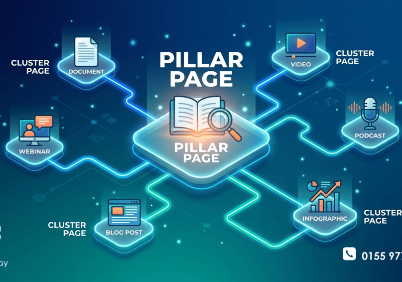 Topic Cluster في 2026 – الدليل الشامل لبناء شبكة محتوى تهيمن على نتائج البحث رسم توضيحي لشبكة Topic Cluster مع عقدة مركزية وصفحات فرعية مترابطة، بألوان زرقاء وتركوازية.