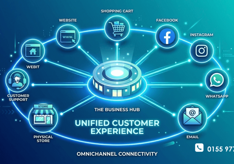 استراتيجية Omnichannel في 2026 – الدليل الشامل لتجربة عملاء متكاملة رسم توضيحي لاستراتيجية Omnichannel مع قنوات متكاملة وتجربة موحدة، بألوان زرقاء وتركوازية.