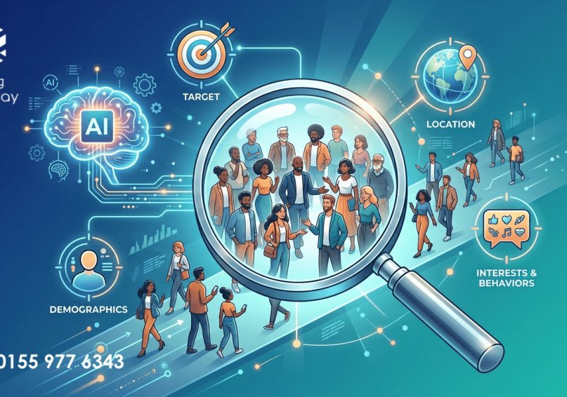 استهداف الجمهور في إعلانات ميتا 2026 – الدليل الشامل للوصول إلى العملاء المناسبين رسم توضيحي لاستهداف الجمهور في إعلانات ميتا مع أيقونات خيارات الاستهداف والذكاء الاصطناعي، بألوان زرقاء وتركوازية.