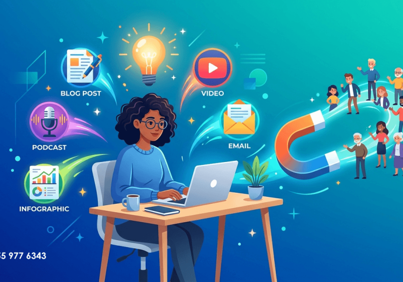 التسويق بالمحتوى في 2026 – الدليل الشامل لبناء علامة تجارية تجذب العملاء رسم توضيحي لأنواع المحتوى في التسويق بالمحتوى مع أيقونات المقالات والفيديو والبودكاست، بألوان زرقاء وتركوازية.