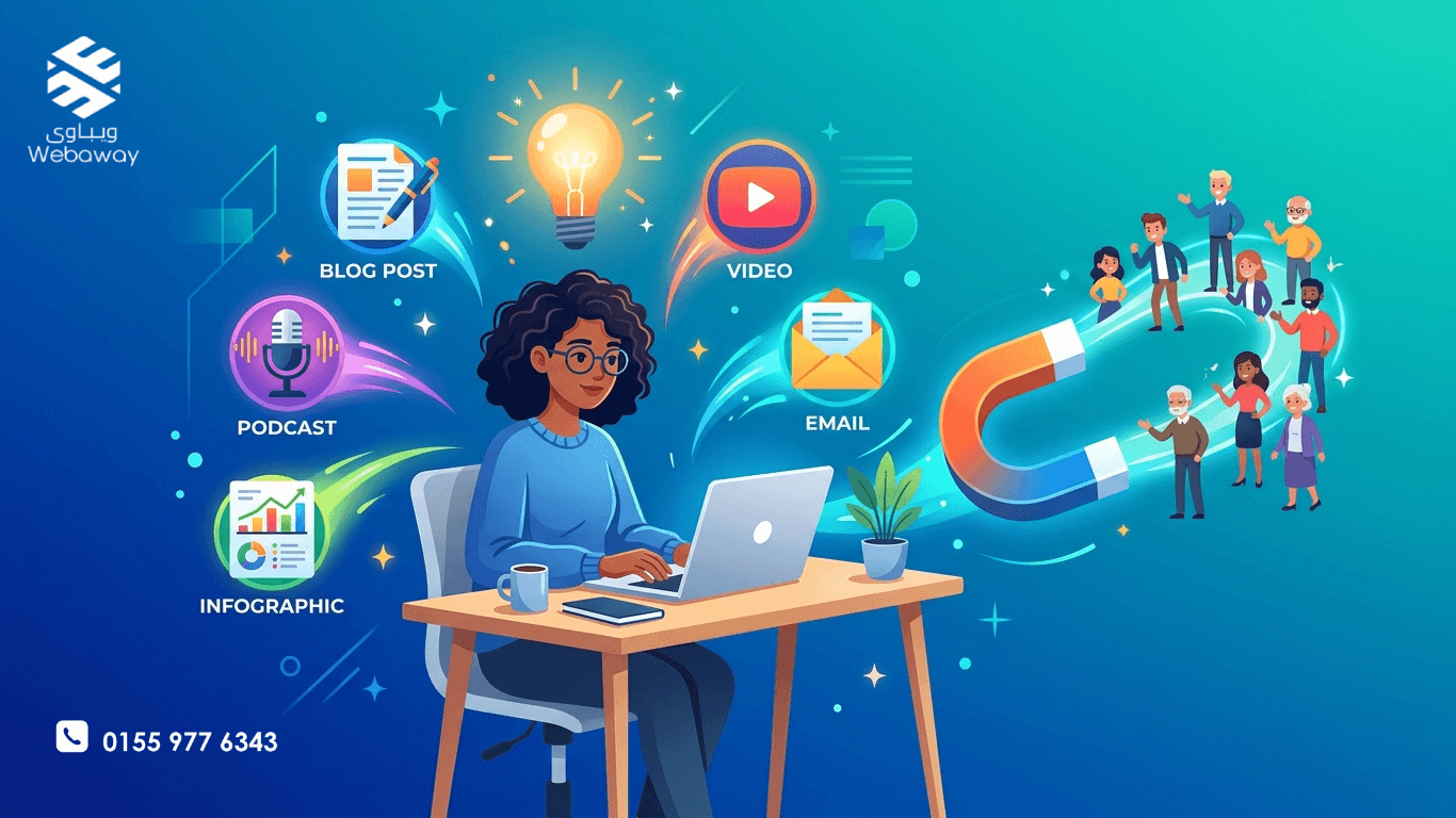 رسم توضيحي لأنواع المحتوى في التسويق بالمحتوى مع أيقونات المقالات والفيديو والبودكاست، بألوان زرقاء وتركوازية.