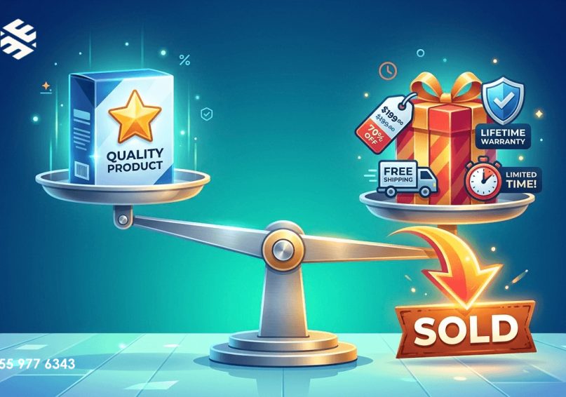 الفرق بين المنتج الجيد والعرض الجيد – دليلك لفهم ما يبيع فعلاً رسم توضيحي للفرق بين المنتج الجيد والعرض الجيد مع ميزان يميل نحو العرض، بألوان زرقاء وتركوازية.