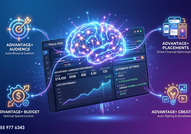 دليل Advantage+ في إعلانات ميتا 2026 .. فهم أتمتة الذكاء الاصطناعي رسم توضيحي لأدوات Advantage+ في إعلانات ميتا مع أيقونات الاستهداف، المواضع، الإبداع، والميزانية، بألوان زرقاء وأرجوانية.