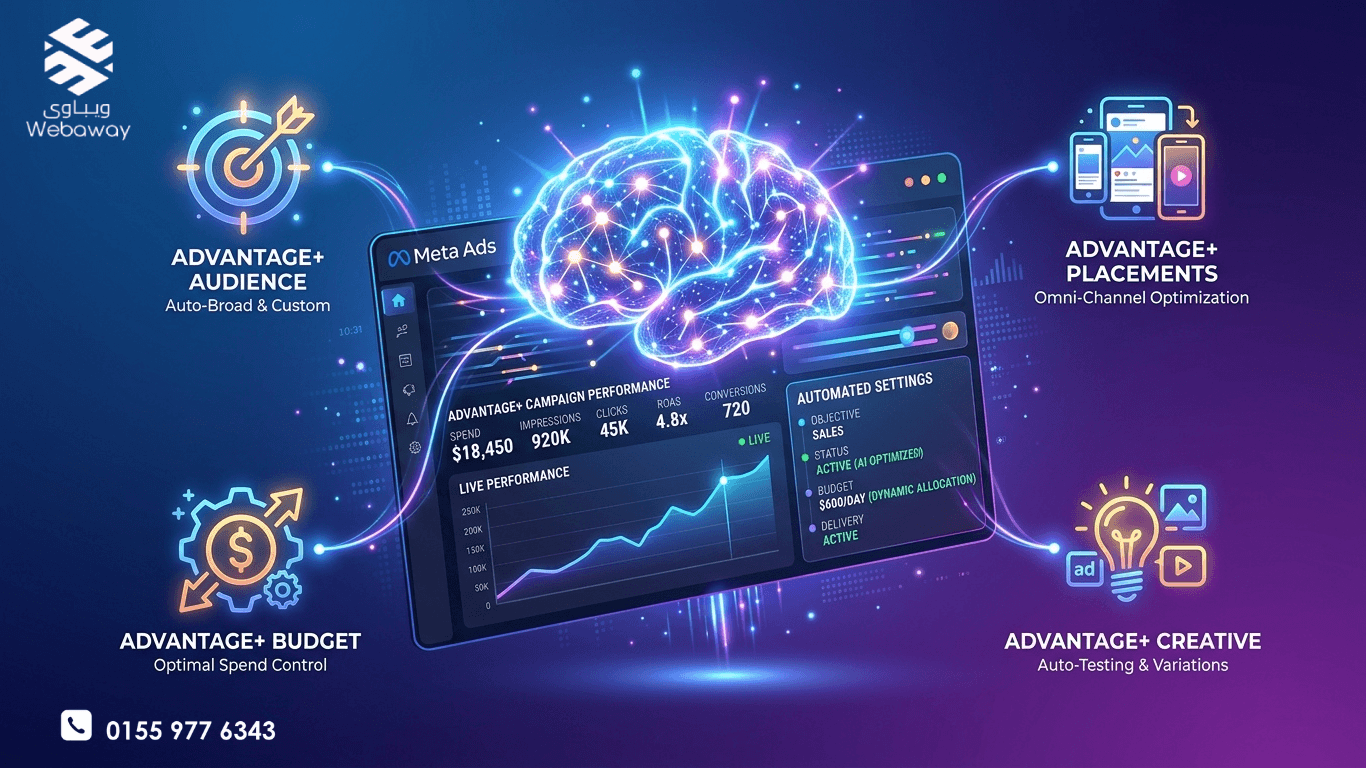 رسم توضيحي لأدوات Advantage+ في إعلانات ميتا مع أيقونات الاستهداف، المواضع، الإبداع، والميزانية، بألوان زرقاء وأرجوانية.