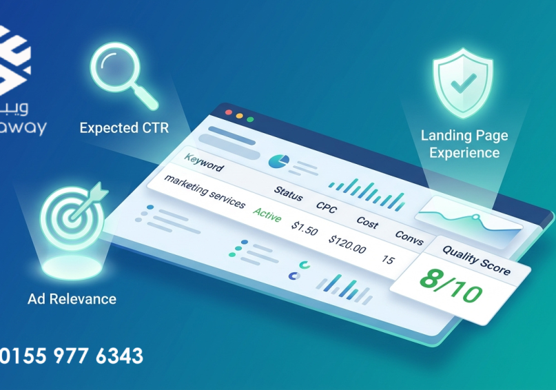 رسم توضيحي لعوامل Quality Score الثلاثة مع لوحة تحكم Google Ads، بألوان زرقاء وتركوازية.